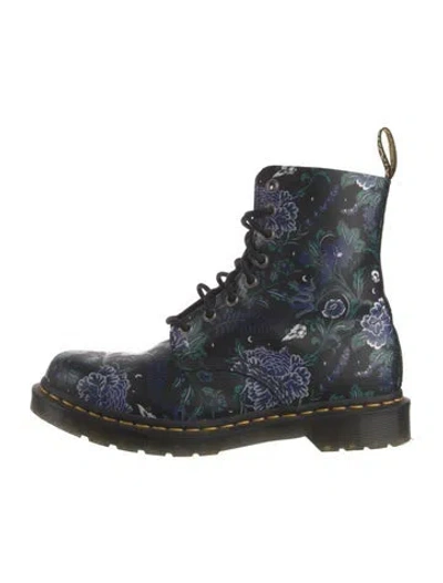 Pre-owned Dr. Martens Leather Floral Print Combat Boots In Black