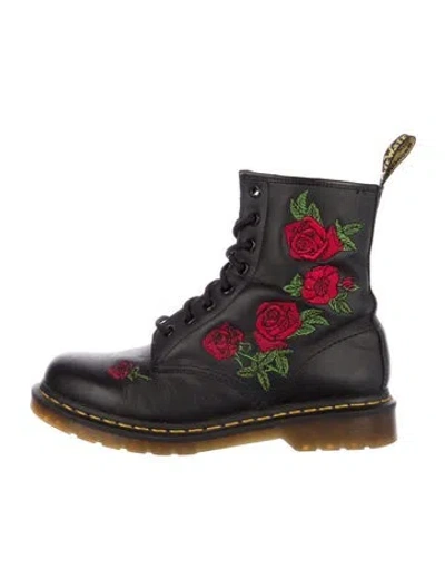 Pre-owned Dr. Martens Leather Floral Print Combat Boots In Black