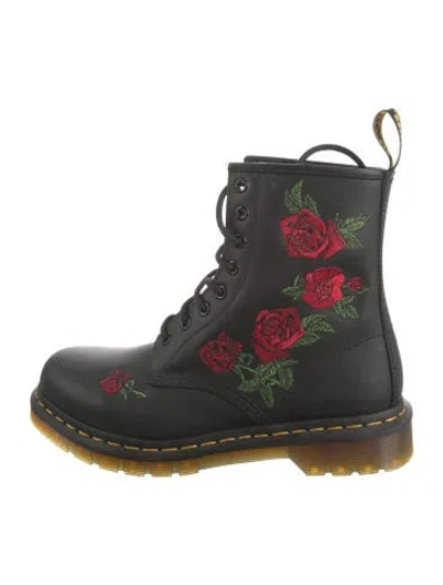 Pre-owned Dr. Martens Leather Floral Print Combat Boots In Black