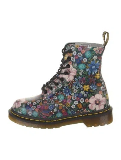 Pre-owned Dr. Martens Leather Floral Print Combat Boots In Black