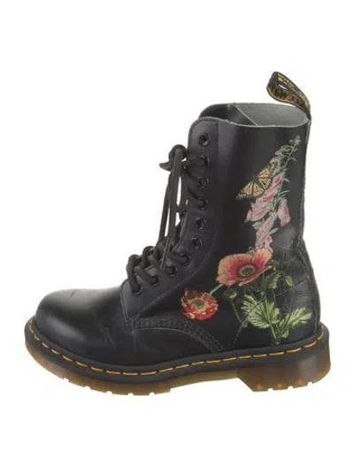 Pre-owned Dr. Martens Leather Floral Print Combat Boots In Black