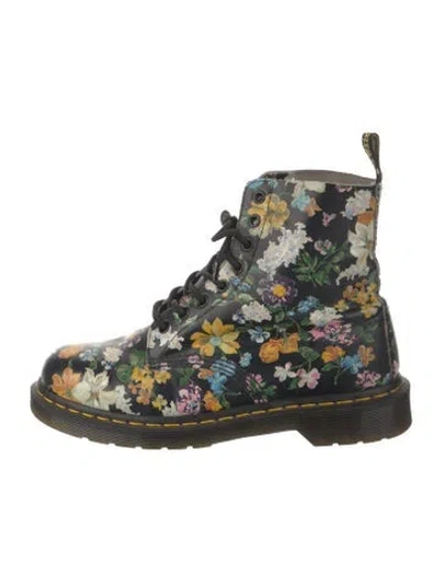 Pre-owned Dr. Martens Leather Floral Print Combat Boots In Black