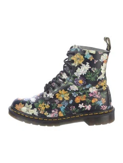Pre-owned Dr. Martens Leather Floral Print Combat Boots In Black
