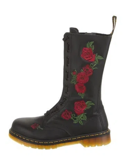 Pre-owned Dr. Martens Leather Floral Print Combat Boots In Black