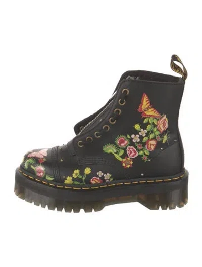 Pre-owned Dr. Martens Leather Floral Print Combat Boots In Black