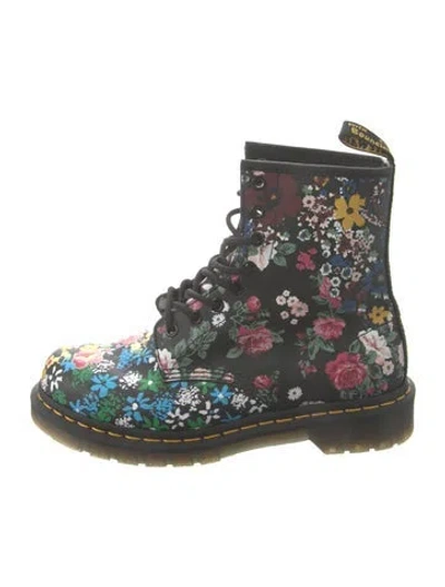 Pre-owned Dr. Martens Leather Floral Print Combat Boots In Black