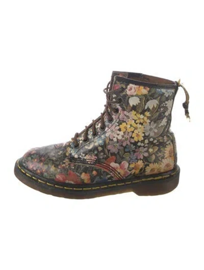 Pre-owned Dr. Martens Leather Floral Print Combat Boots In Black