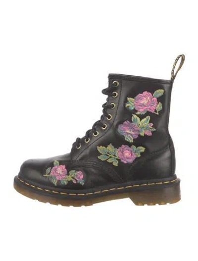 Pre-owned Dr. Martens Leather Floral Print Combat Boots In Black