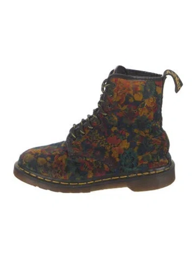 Pre-owned Dr. Martens Leather Floral Print Combat Boots In Black