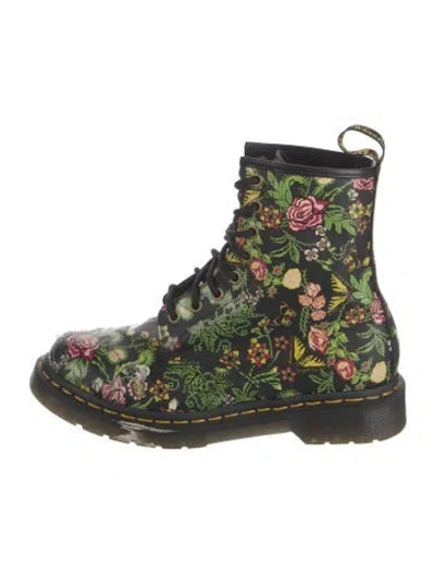 Pre-owned Dr. Martens Leather Floral Print Combat Boots In Black