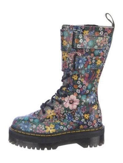 Pre-owned Dr. Martens Leather Floral Print Combat Boots In Black