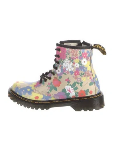 Pre-owned Dr. Martens Leather Floral Print Combat Boots In Neutral