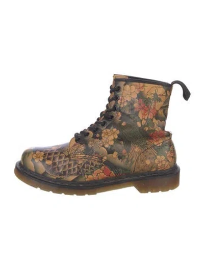 Pre-owned Dr. Martens Leather Floral Print Combat Boots In Neutral