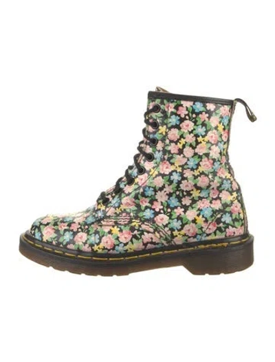 Pre-owned Dr. Martens Leather Floral Print Combat Boots In Neutrals