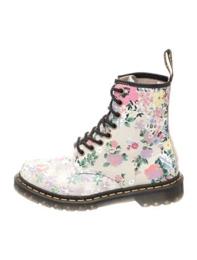 Pre-owned Dr. Martens Leather Floral Print Combat Boots In Neutrals