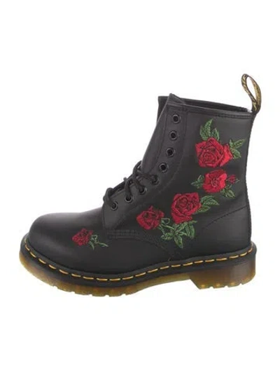 Pre-owned Dr. Martens Leather Floral Print Combat Boots W/ Tags In Black
