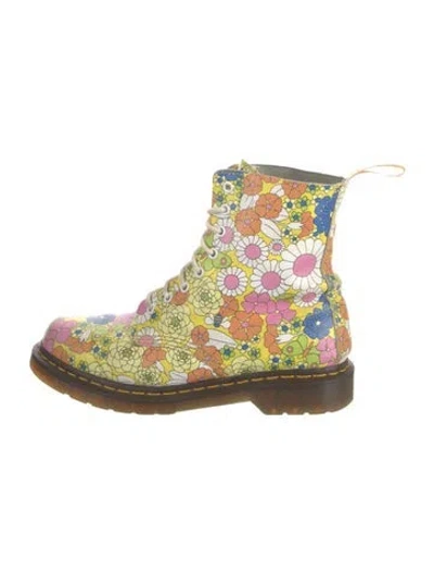 Pre-owned Dr. Martens Leather Floral Print Combat Boots In Yellow