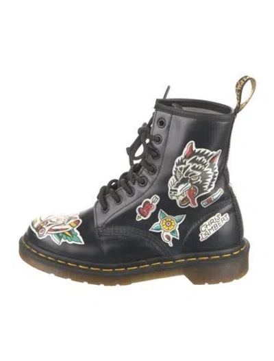 Pre-owned Dr. Martens Leather Graphic Print Combat Boots In Black