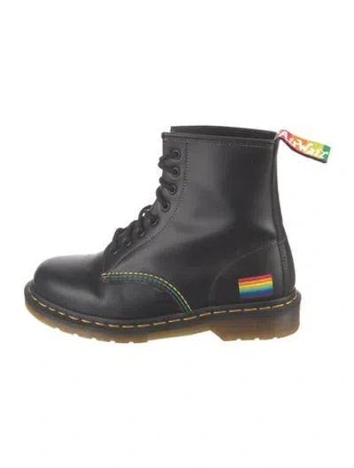 Pre-owned Dr. Martens Leather Graphic Print Combat Boots In Black
