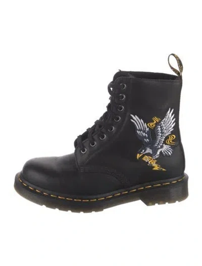 Pre-owned Dr. Martens Leather Graphic Print Combat Boots In Black