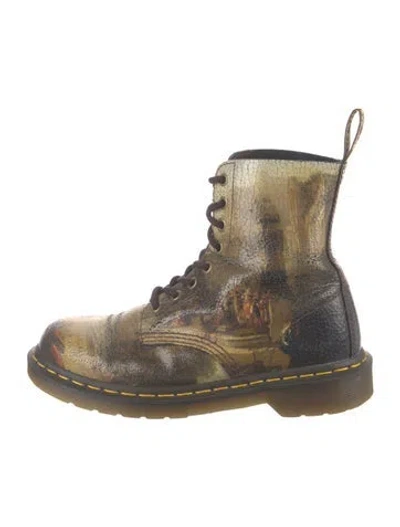 Pre-owned Dr. Martens Leather Graphic Print Combat Boots In Green