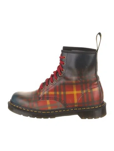Pre-owned Dr. Martens Leather Plaid Print Combat Boots In Red