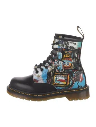 Pre-owned Dr. Martens Leather Printed Combat Boots In Black