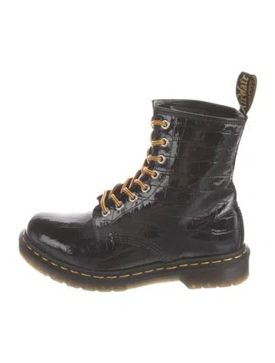Pre-owned Dr. Martens Patent Leather Animal Print Combat Boots In Black
