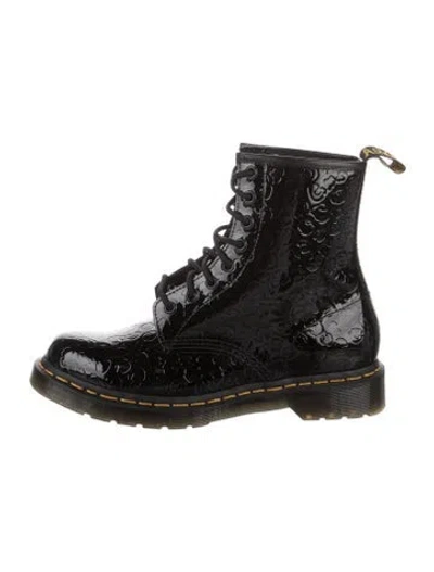 Pre-owned Dr. Martens Patent Leather Graphic Print Combat Boots In Black
