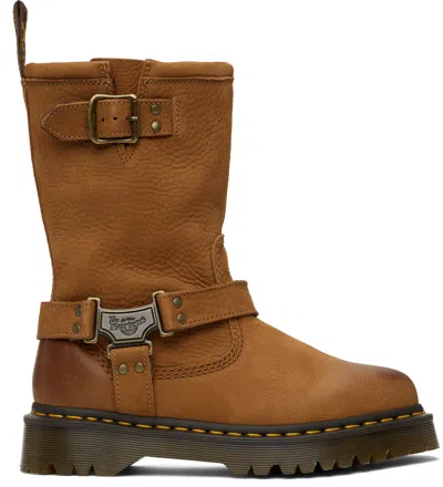 Dr. Martens' Tan Anistone Hi Leather Biker Boots In Desert Brown Tumbled