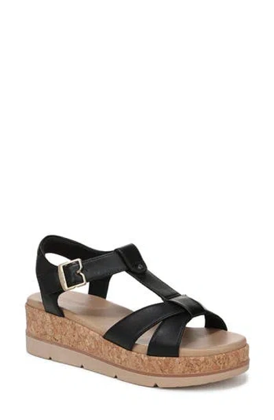 Dr. Scholl's Women's Once Again T-strap Wedge Sandals In Black Faux Leather