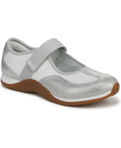Dr. Scholl's Women's Goodie Mary Jane Sneakers In Silver,white Knit Fabric,faux Leather