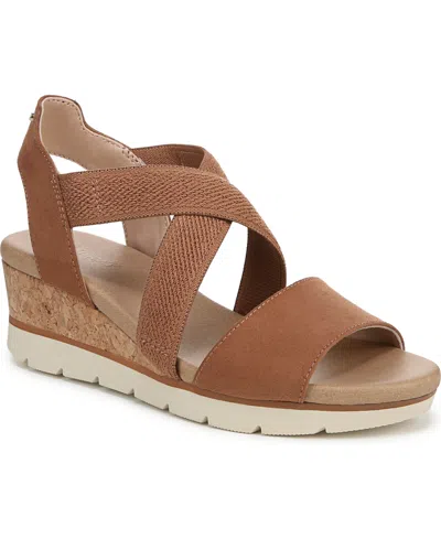 Dr. Scholl's Women's Just Cute Strappy Wedge Sandals In Honey Brown Microfiber