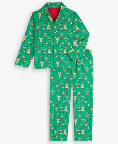 Dr. Seuss Kids' Boys' 4-20 The Grinch Long-sleeve Flannel Button-down Top And Pants, 2-piece Set In Green