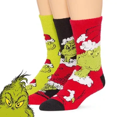 Dr. Seuss Cozy Unisex Adult 3 Pair Grinch Crew Socks In Green