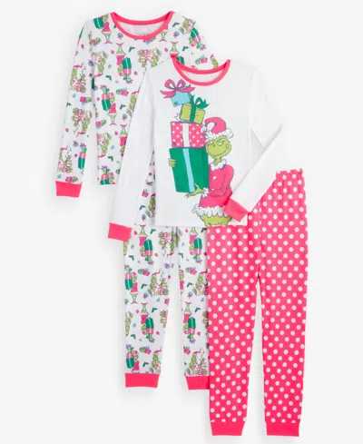 Dr. Seuss Kids' Girls' 4-16 The Grinch Long-sleeve Top And Pants, 4-piece Pajama Set In Medium Pink