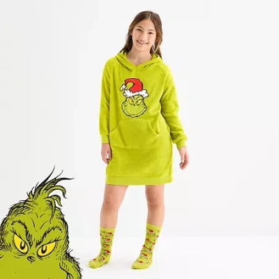 Dr. Seuss Little & Big Kid Girls  Grinch Fleece Hooded Long Sleeve Matching Family Nightgown In Blue