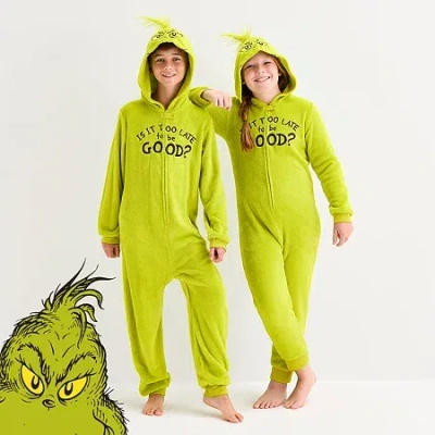 Dr. Seuss Little & Big Kid Unisex  Grinch Fleece Hooded Long Sleeve Matching Family One Piece Pajama In Green