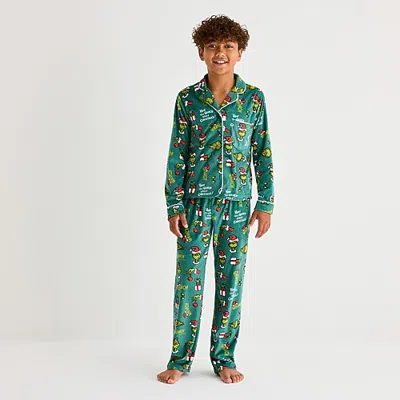 Dr. Seuss Little & Big Kid Unisex  Grinch Velour V-neck Long Sleeve 2-pc. Matching Family Pajama Set In Green
