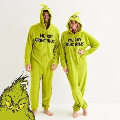Dr. Seuss Merry Grinchmas Unisex Adult  Grinch Fleece Hooded Long Sleeve Matching Family One Piece Pa In Green