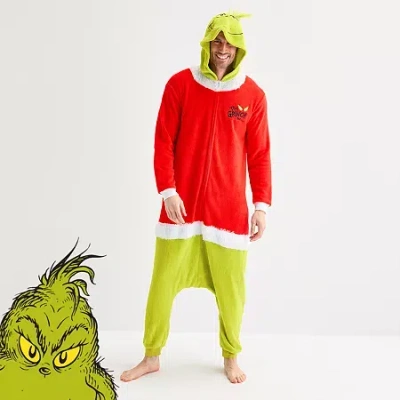 Dr. Seuss Santa Mens  Grinch Fleece Hooded Long Sleeve Matching Family One Piece Pajama In Green