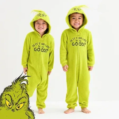 Dr. Seuss Babies' Toddler Unisex  Grinch Fleece Hooded Long Sleeve Matching Family One Piece Pajama In Green