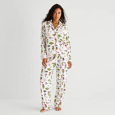 Dr. Seuss Womens  Grinch Velour V-neck Long Sleeve 2-pc. Matching Family Pajama Set In White