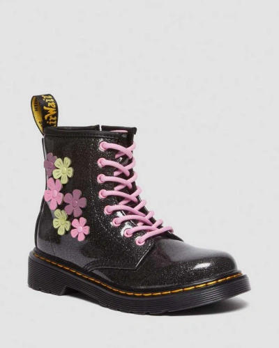 Dr. Martens' Junior 1460 Glitter & Flower Applique Lace Up Boots In Black,pink