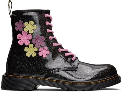 Dr. Martens' Kids Black 1460 Flower Appliqué Big Kids Boots In Coated Glitter