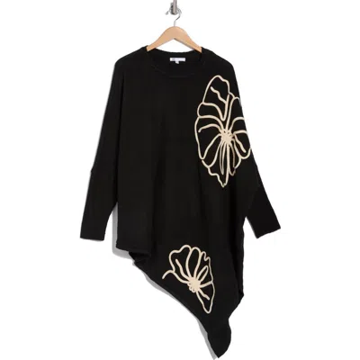 Dr2 By Daniel Rainn Abstract Floral Asymmetric Hem Sweater In Black/ivory