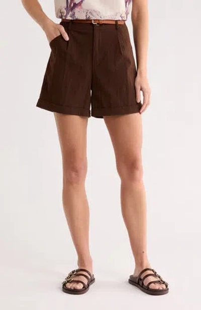 Dr2 By Daniel Rainn Belted Pleated Front Stretch Cotton Shorts In Brown