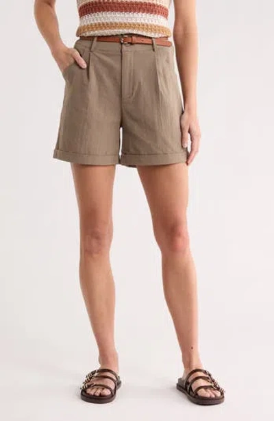 Dr2 By Daniel Rainn Belted Pleated Front Stretch Cotton Shorts In Brown
