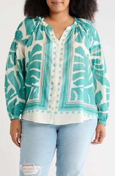 Dr2 By Daniel Rainn Border Print Button-up Shirt In Dusty Teal