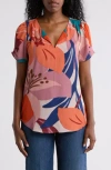 Dr2 By Daniel Rainn Daniel Rainn Pinch Sleeve Blouse In Coral/ivory/purple Multi